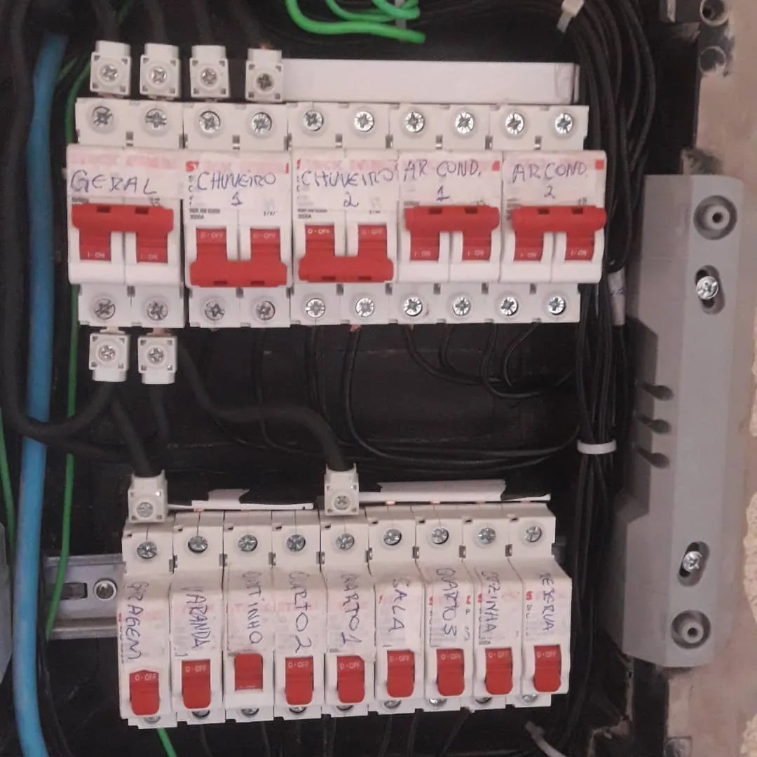 Quadro elétrico com disjuntores identificados por circuito